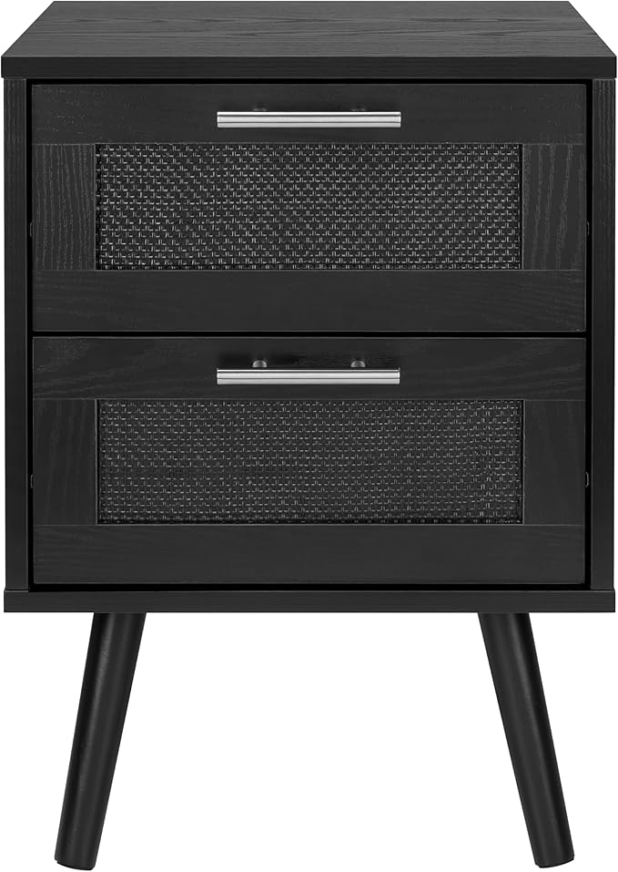 Finnhomy Nightstand, End Table, Side Table with 2 Hand Made Rattan Decorated Drawers, Wood Accent Table with Storage for Bedroom, Full Black