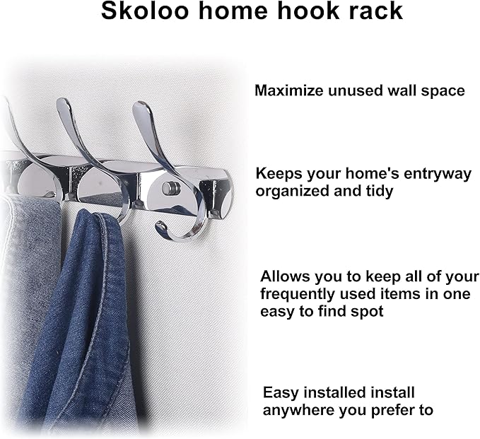 SKOLOO Coat Rack Wall Mount - Modern, Metal Wall Coat Rack with 5 Hooks, Pack of 2, Sturdy Wall Hook Rack Rail for Hanging Coat, Jacket, Clothes, Hat, Silver