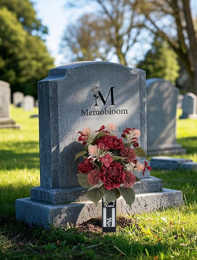 Red Cemetery Flowers for Grave: 2 Pcs Peony Grave Flower Bouquets for Cemetery Decorations - Christmas Outdoor Gravesite Flowers with Vase