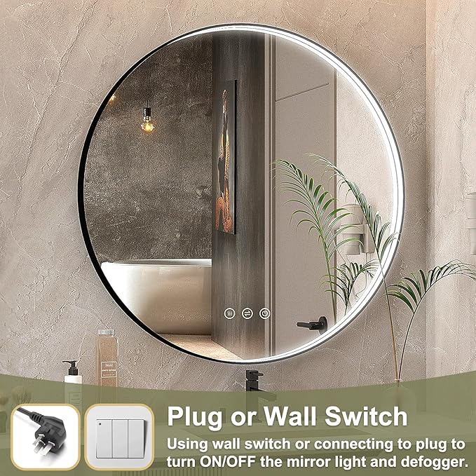 36 Inch LED Round Mirror for Bathroom, Black Metal Framed LED Bathroom Mirror with Lights, 3 Colors and Stepless Dimmable Wall Mounted Lighted Bathroom Vanity Mirror, Anti-Fog, Memory
