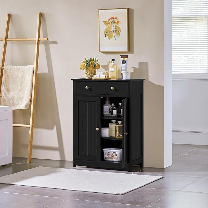 Yaheetech Bathroom Storage Cabinet with 1 Drawer and 2 Doors, Bathroom Floor Cabinet with Adjustable Shelf, Wooden Storage Units for Living Room, Entryway, Small Space, Black