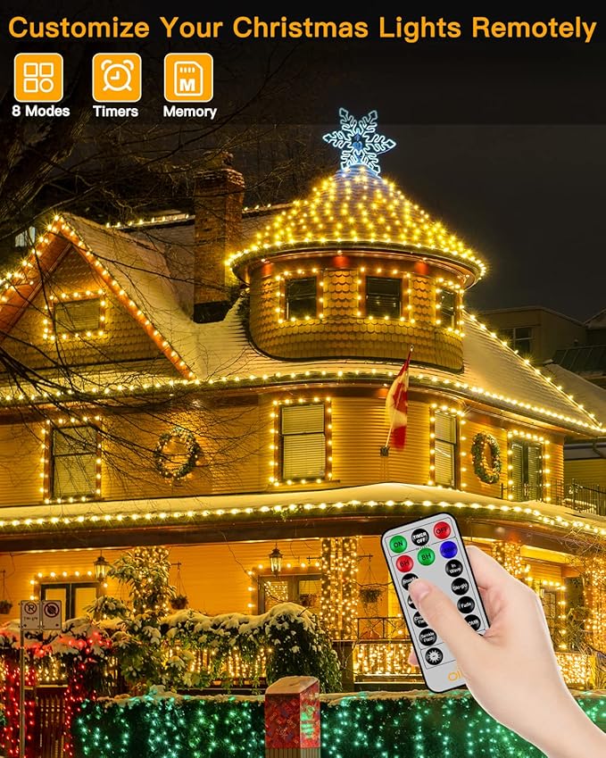 Ollny Christmas Lights Warm White, 600LED 197FT Christmas Tree Lights IP67 Waterproof, Plug in Fairy Lights with Remote 8 Modes Timer, Xmas Light for Outdoor Indoor House Holiday Decor