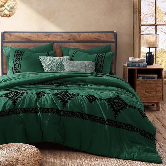 MaiRêve Embroidery Queen Size Comforter Set Emerald Green, Boho Farmhouse Western Bedding Set 7 Pieces, All Season Bed in A Bag Comforter Set with Sheets, Pillowcases & Shams