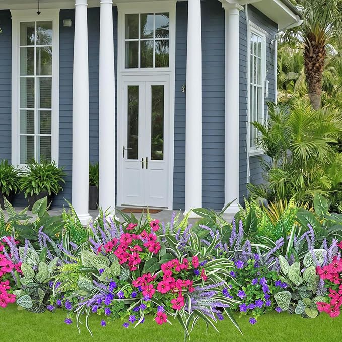 20 Bundles Artificial Plants Outdoor Fake Flowers UV Resistant Faux Greenery Stems Fake Ferns Shrubs Plastic Plants for Garden Patio Porch Yard Window Box Home Decor (Lavender Flower, 20PCS)