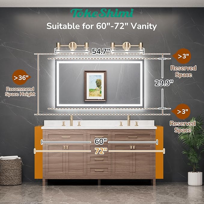 TokeShimi 55x30 LED Bathroom Vanity Mirror with Lights,Front Lit + Backlit LED Bathroom Mirror,3 Colors Stepless Dimmable,Anti-Fog,Tempered Glass,Memory Function,Waterproof,UL Listed