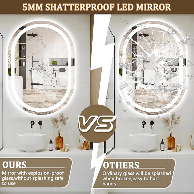 LED Oval Bathroom Mirror 40"x24" Oval Bathroom Vanity Mirror for Wall Anti-Fog 3 Colors & Dimmable Bathroom Mirror for Over Sink with Lights Memory Function Shatterproof LED Mirror