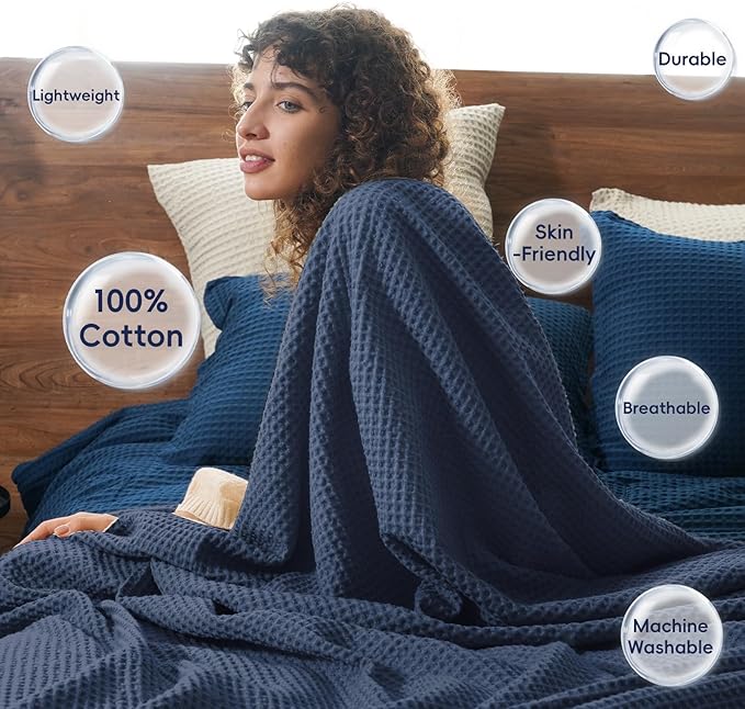 PHF 100% Cotton Waffle Weave Blanket Twin Size for Bed,Snag Proof Lightweight Breathable Moisture-Wicking Throw for Couch,Great for Layering in Cold Weather,Machine Washable,Home Decor Gift-Dark Navy