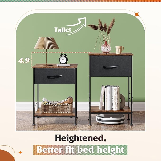WLIVE Nightstand Set of 2, End Table with Fabric Storage Drawer and Open Wood Shelf, Bedside Furniture with Steel Frame, Side Table for Bedroom, Dorm, Black and Rustic Brown, 25.03" Height