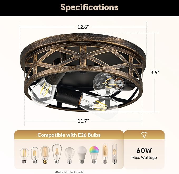 VONLUCE Flush Mount Ceiling Lights, 3-Light Hallway Ceiling Lighting Fixtures, 13 inch Farmhouse Metal Cage Ceiling Lights for Entryway Kitchen, Adjustable Lamp Holders, 2 pcs, Oil-Rubbed Bronze