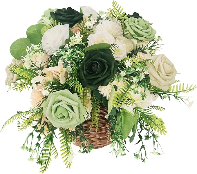 Artificial Fake Flowers 25pcs Roses, Shade of Light Green Foam Rose Faux Flower for DIY Wedding Bouquets Bridal Shower Centerpieces Floral Arrangements Party Tables Home Decorations