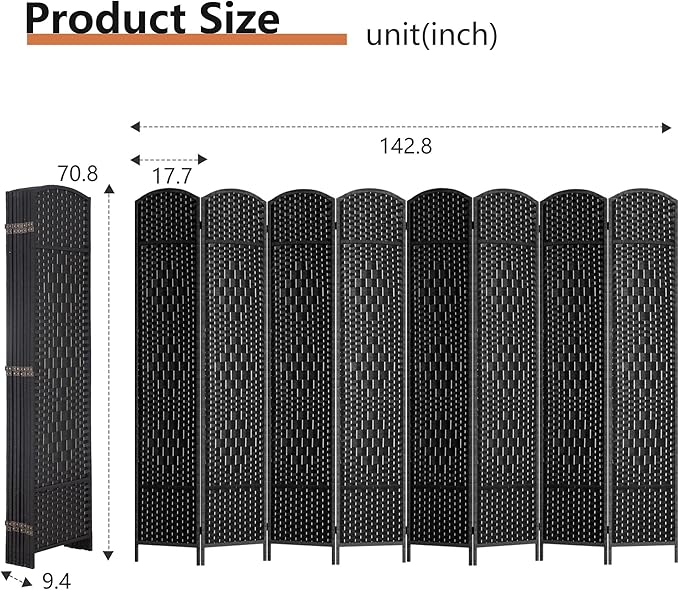 FDW Room Divider 8 Panel Folding Privacy Divider 6 Ft Indoor Wall Divider Portable Partition Wood Screen, Coal Black