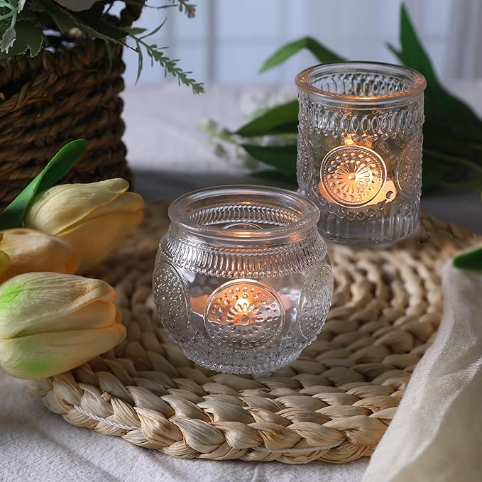 12pcs Clear Assorted Votive Candle Holders for Table Centerpieces, Glass Tea Lights Candle Holder for Wedding Decorations, Vintage Boho Home Tea Party Decor, Sunflower Decorations