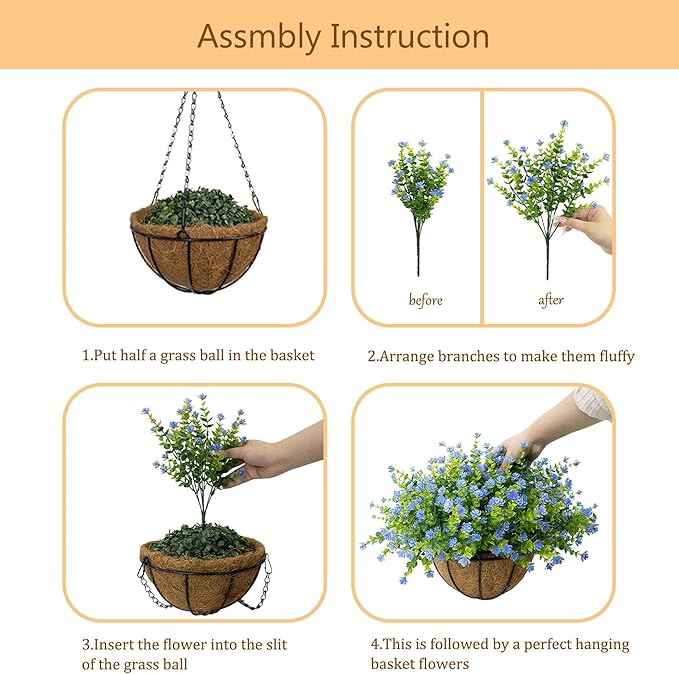 Artificial Hanging Flowers Basket for Outdoor, 16 Fake Flowers Look Real UV Resistant, Faux Hanging Plants for Porch, Balcony, Patio, Garden, Spring Summer Decor,Blue