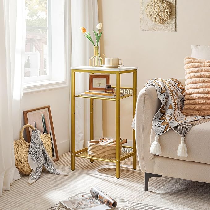 HOOBRO Side Table, 3-Tier Tall End Telephone Table with Adjustable Mesh Shelves, Small Entry Table for Living Room Bedroom Hallway or Office, White and Gold DW01DH01G1