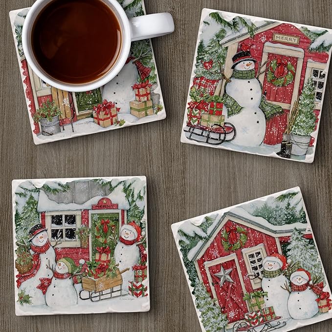 Thirstystone Snowman's Farmhouse 4 Pack Assorted Tumbled Tile Stone Coasters with Protective Cork Backing 4" Square Manufactured in The USA