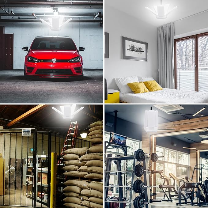 LED Garage Lights 2 Pack, The New 100W Deformable LED Shop Lights with 5 Adjustable Panels, E26/E27 LED Ceiling Light, 10000LM 6500K Hight Bay Light for Basement Warehouse Workshop