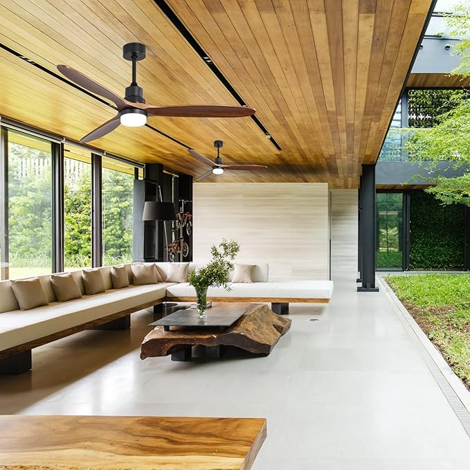 Sofucor 60 Inch Ceiling Fans with Lights, Walnut Solid Wood Ceiling Fan with Light Remote Control, Indoor/Outdoor Ceiling Fan with Reversible DC Motor, 3 Blade Fan Light for Bedroom Patio Farmhouse