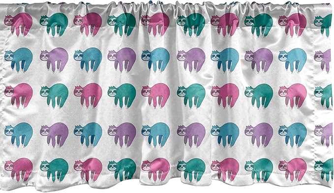 Ambesonne Funny Sloth Window Valance, Colorful Art Repeating Lazy Animal on Plain Backdrop, Curtain Valance for Kitchen Bedroom Decor with Rod Pocket, 54" X 18", Dark Seafoam Pink