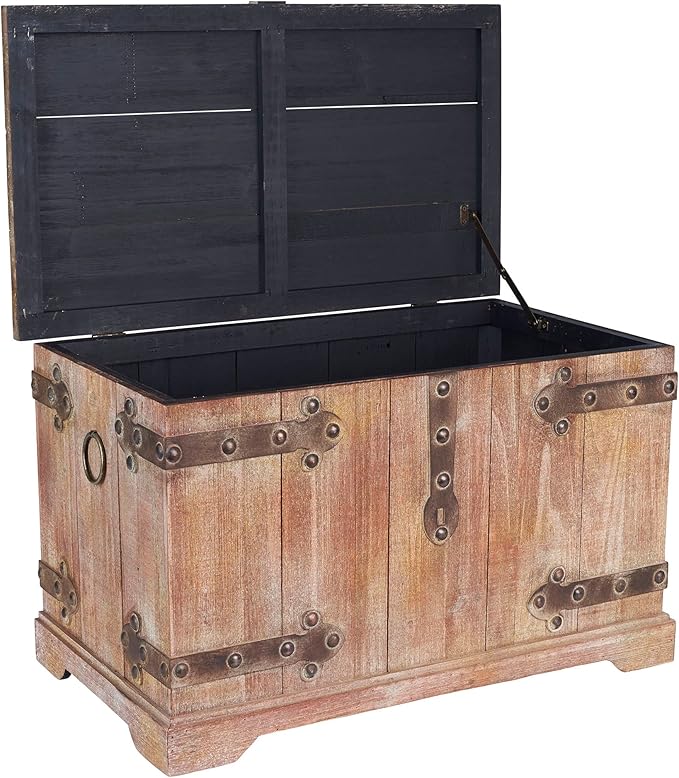 Household Essentials Decorative Trunk, Victorian, Large, Chinese Fir Wood, Aged-Wood Finish with Metal Accents, Fully Opening Lid, Stout Design, Ring Handles