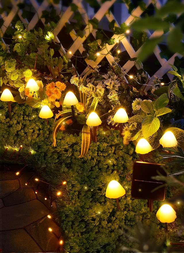 Solar Mushroom Garden Lights for Outside, 20 LED 32.8FT Solar Pathway Lights Outdoor Waterproof for Fence with 8 Lighting Modes for Patio Yard Decorative