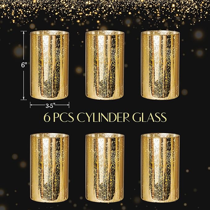 Gold Candle Holder Hurricane Candle Cylinder Vases for Centerpieces Set of 6 for Wedding Table Centerpiece