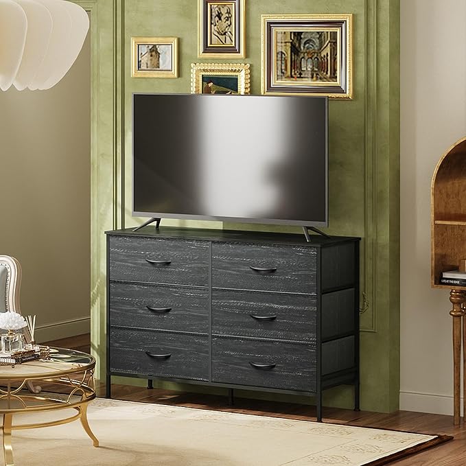 WLIVE 6 Drawer Dresser for Bedroom, Wide Fabric Dresser TV Stand for 50 Inches TV with Metal Frame, Wooden Top, Chest of Drawers, Dressers for Living Room, Hallway, Charcoal Black Wood Grain Print
