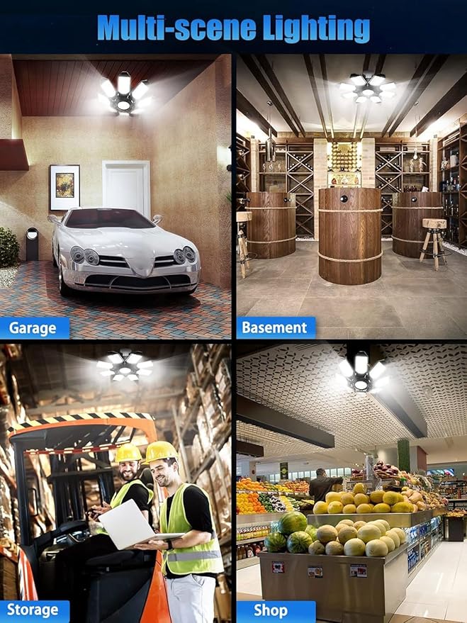 TANBABY 260W LED Garage Lights 2 Pack, Total 52000LM Deformable Best Ceiling Light with 8+1 Panels, E26/E27 Screw in Bulbs for Basement, Attic
