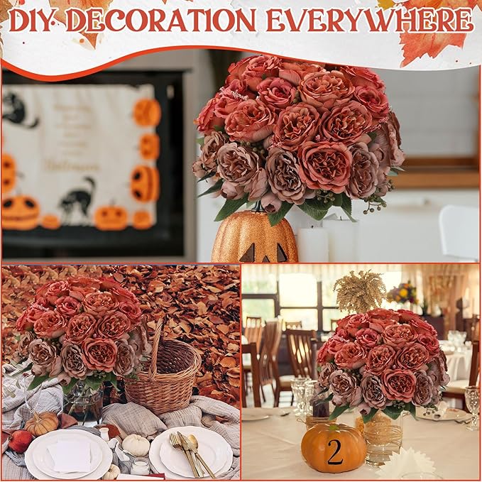 Geosar 16 Bundles Artificial Peonies Flowers Fake Silk Peony Bouquet Faux Peonies Flowers Bulk for Decoration Vase Floral Arrangements Wedding Party Table (Orange,Brown)