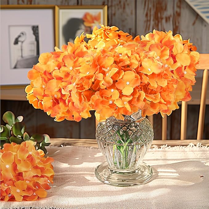 Auihiay 64 PCS Full Hydrangea Flowers, Silk Hydrangea Artificial Flowers Heads with Stems, Artificial Hydrangea Flowers for Wedding Centerpieces, Home, Garden, Baby Shower Decoration (Orange)