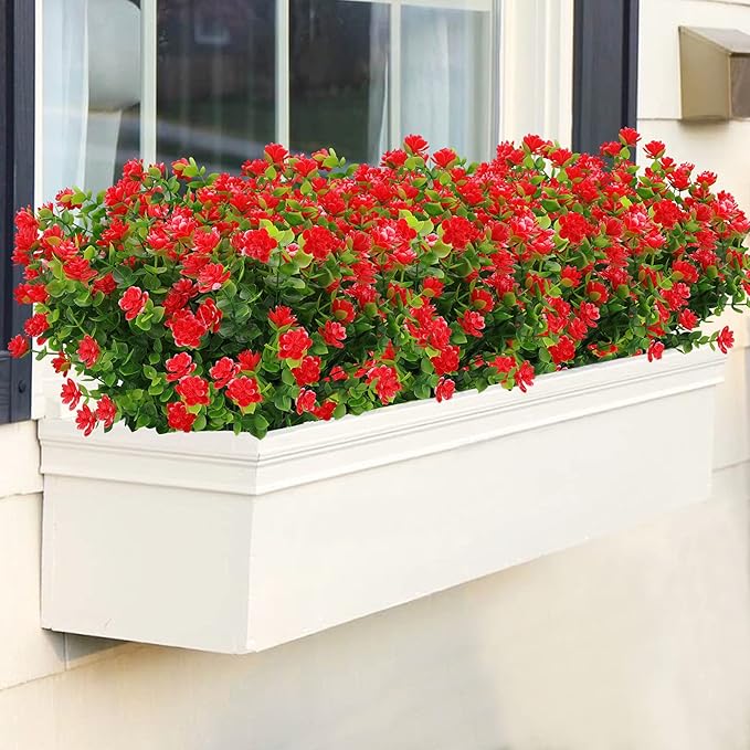 GREENRAIN Artificial Flowers Outdoor Fake Flowers for Decoration UV Resistant No Fade Faux Plastic Plants Garden Porch Window Box Décor (18 Bundles, 6#Red)
