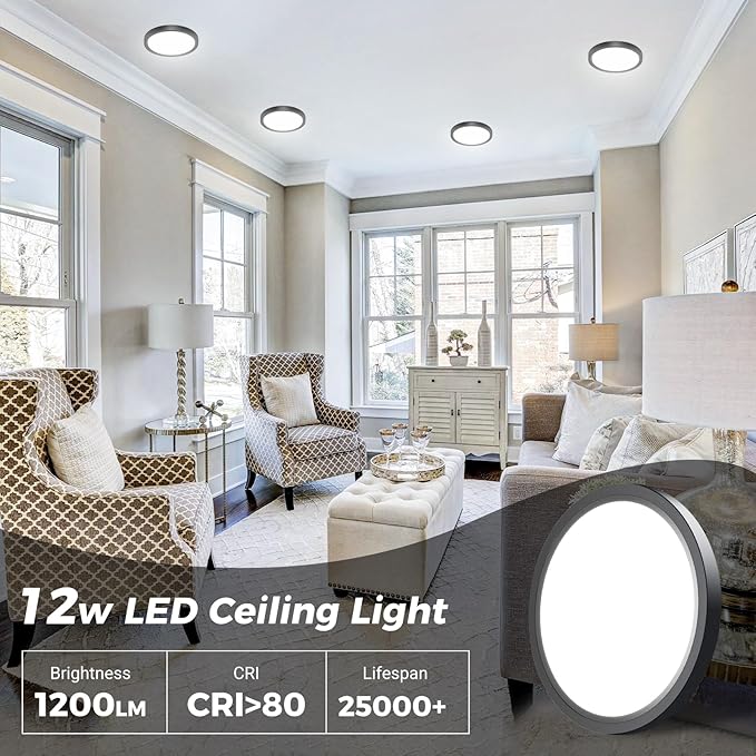 1PACK Flush Mount LED Ceiling Light Fixture - Black, 6.5Inch 12Watt, Dimmable & 3 Color Selectable - 1200LM Low Profile Light for Kitchen, Bedroom, Hallway, Porch
