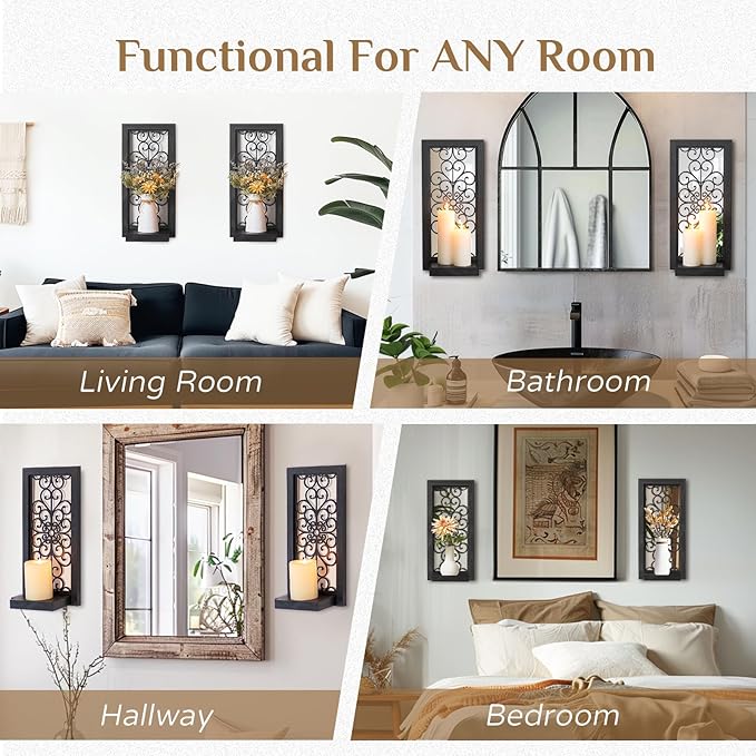 Gothic Candle Sconces Mirror Wall Decor - Black Halloween Art Mirrored Wall Candle Holder Decorative Set of Two Wood Vintage Small Hanging Shelves for Farmhouse Living Room Kitchen Bedroom