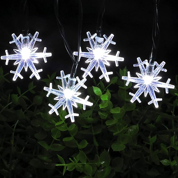Solar Christmas String Lights Outdoor Waterproof 30 LED 20Feet Solar Snowflake Christmas Fairy Lights Decorations with 8 Lighting Modes for Garden Patio Yard Porch Wedding Party Decor(White)