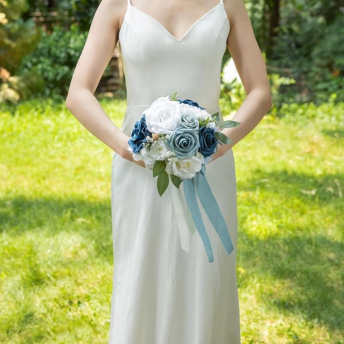 ponatia Dusty Blue Wedding Bouquets for Bride Bridesmaid, White Wedding Artificial Roses Flowers for Wedding Bouquets Ceremony, Anniversary (Dusty Blue & White)