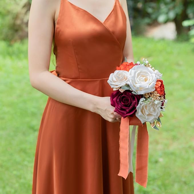 ponatia Burnt Orange Wedding Bouquets for Bride Bridesmaid, Artificial Burgundy Prom Flowers Bouquet for Weddins, Ceremony, Anniversary, 7 Inches