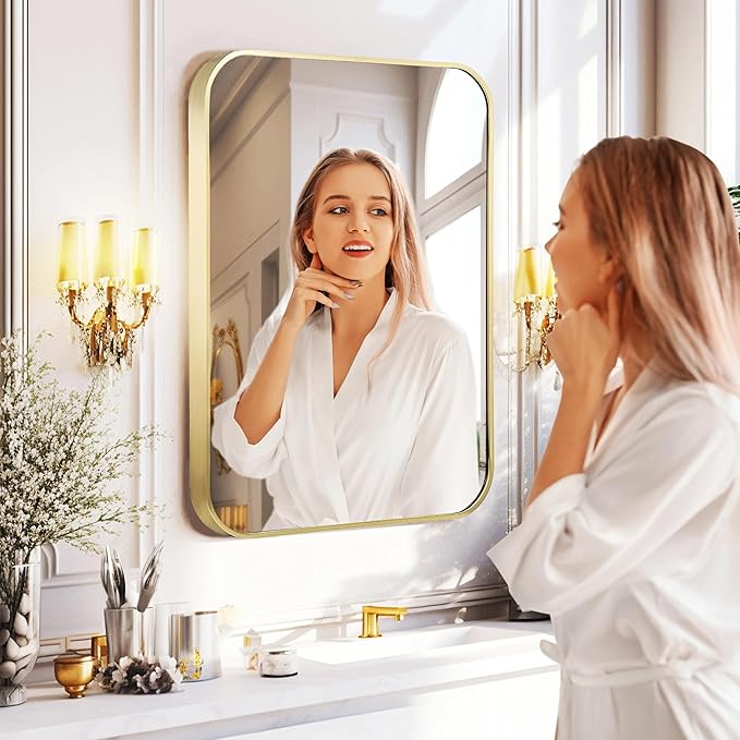 16"x20" Brushed Gold Mirror for Wall, Matte Gold Rounded Rectangle Mirror with Metal Frame Hanging for Bathroom Entryway Vanity,Living Room,Bedroom,Vertical or Horizontal