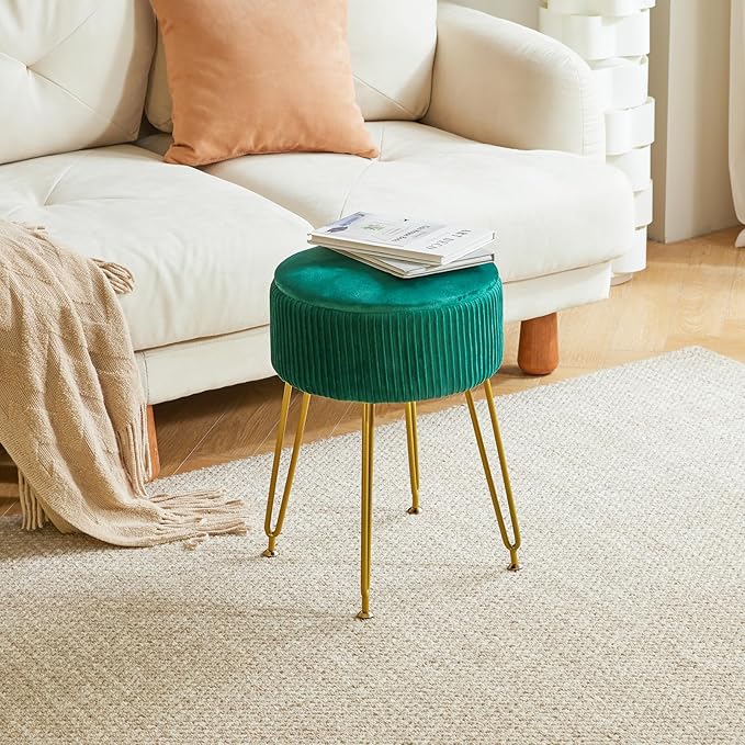 IBUYKE Velvet Storage Footrest Stool Ottoman, Makeup Vanity Stool Side Table with Golden Steel Legs Removable Cover, Coffee Table Top Cover, Green LG-20L