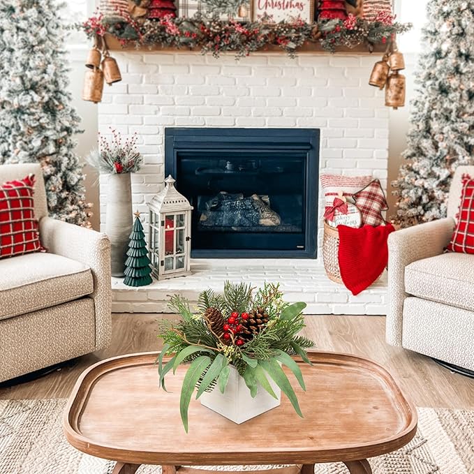 DILATATA Christmas Centerpieces 8 Inch Artificial Christmas Plant in Square Wooden Pot Tabletop Pine Plants with Red Berries Pine Cones Eucalyptus for Winter Holiday Party Fireplace Mantel Xmas Decor