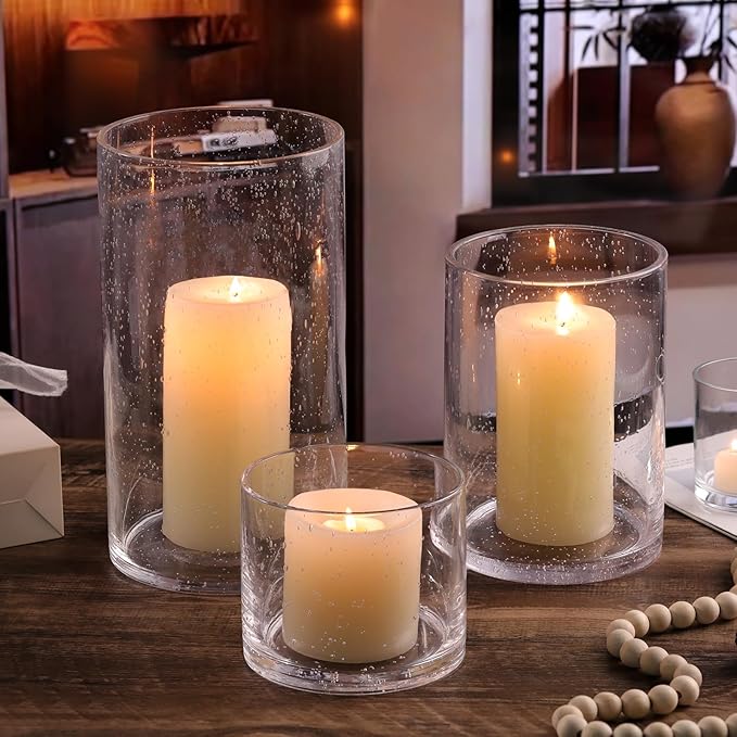Large Hurricane Candle Holder Set of 3 Clear Candle Holders for Pillar Candles, Seeded Bubbles Glass Candle Holder for Table Centerpiece, Glass Cylinder Vases for Home, Patio and Wedding 10" 7" 4" H