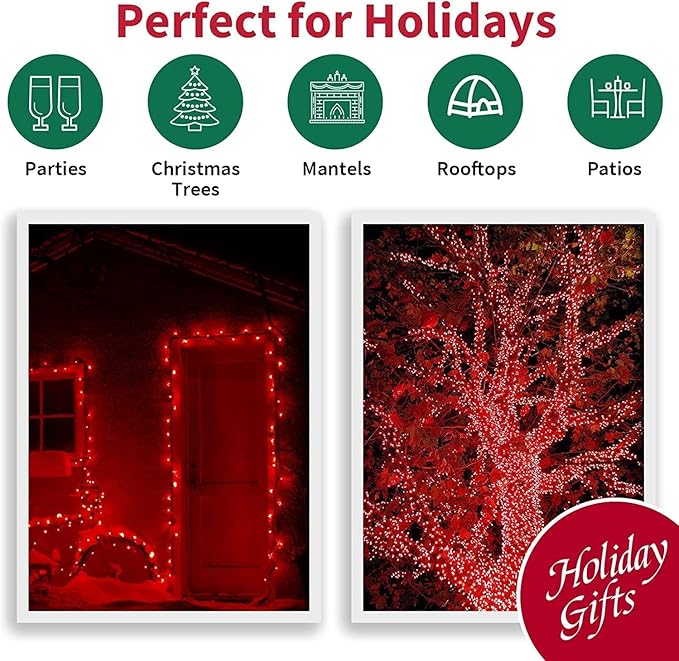 LAMPHOME Super-Bright Extendable RED Christmas Lights Decoration 300 Lights 63.8ft(2pk of 150L) UL Certified Mini Bulb String Lights Set for Outdoor Christmas Tree Garden Holiday Party Patio Decor