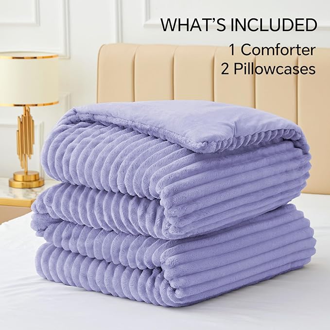 BEDELITE Fleece Queen Comforter Set -Super Soft & Warm Fluffy Lavender Bedding, Luxury Fuzzy Heavy Bed Set for Winter with 2 Pillow Cases