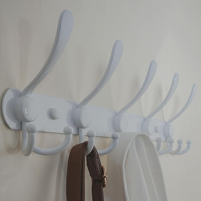 Dseap Wall Mounted Coat Rack - 5 Tri Hooks, Heavy Duty, Stainless Steel, Metal Coat Hook Rail for Coat Hat Towel Purse Robes Mudroom Bathroom Entryway,White