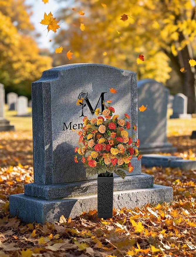 Artificial Cemetery Flowers for Grave: 2 Pcs Fake Fall Flowers for Cemetery Orange Mums Bouquets with Vases - Outdoor Grave Decorations