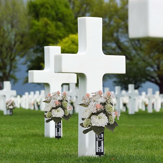 White Artificial Flowers for Cemetery: 2 Pcs Peony Grave Flower Bouquets for Cemetery Decorations - Outdoor Gravesite Flowers with Vase