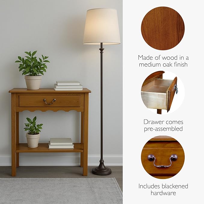 Leick Home Wave Solid Wood Console Table with Drawer and Shelf, Medium Oak, 28 in W x 8 in D x 28 in H, Entryway, Hallway, Landing Table, 9021-MED