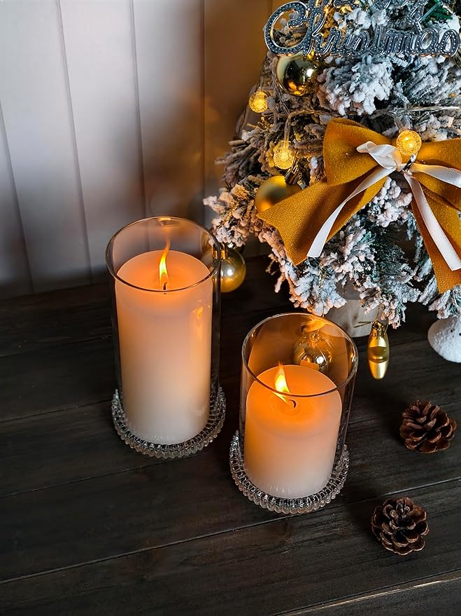 Vixdonos Hurricane Glass Candle Holders Set Pack 2 Serrated Round Candle Stand for Pillar Candles Modern CandleHolders with 5.1" 7.1" Tall Cylinder Chimney Cover for Outdoor Wedding Decor
