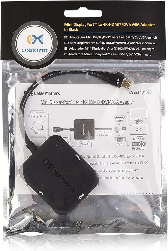 Cable Matters Mini DisplayPort to HDMI Adapter with VGA and DVI 3-in-1 Adapter in Black - Thunderbolt and Thunderbolt 2 Port Compatible - Supporting 4K Resolution via HDMI