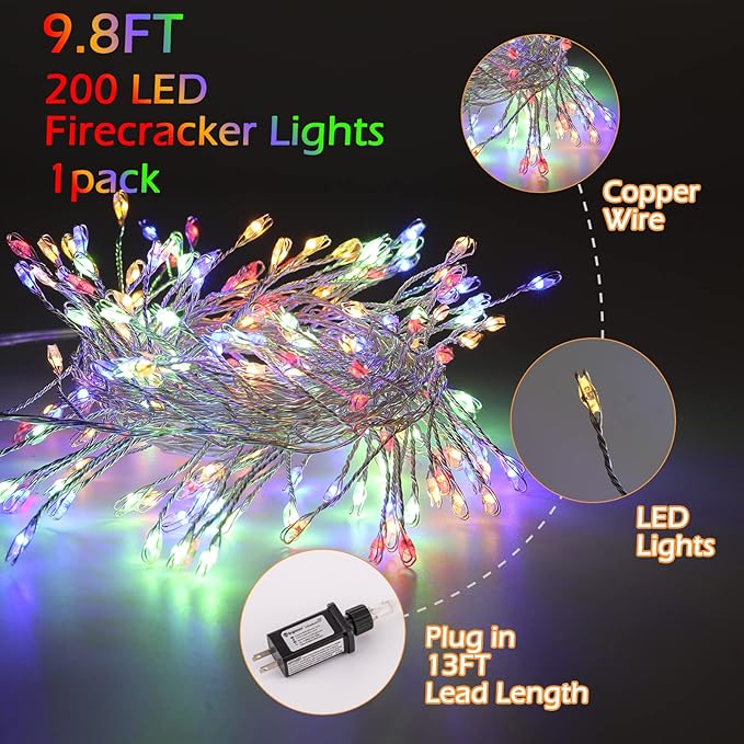 Fairy Lights Plug in, 10Ft 200LED Firecracker Firefly Lights with 8 Mode, Waterproof Silver Wire Cluster Starry String Lights for Ceiling Bedroom Window Wedding Christmas Tree Decoration, Multicolor