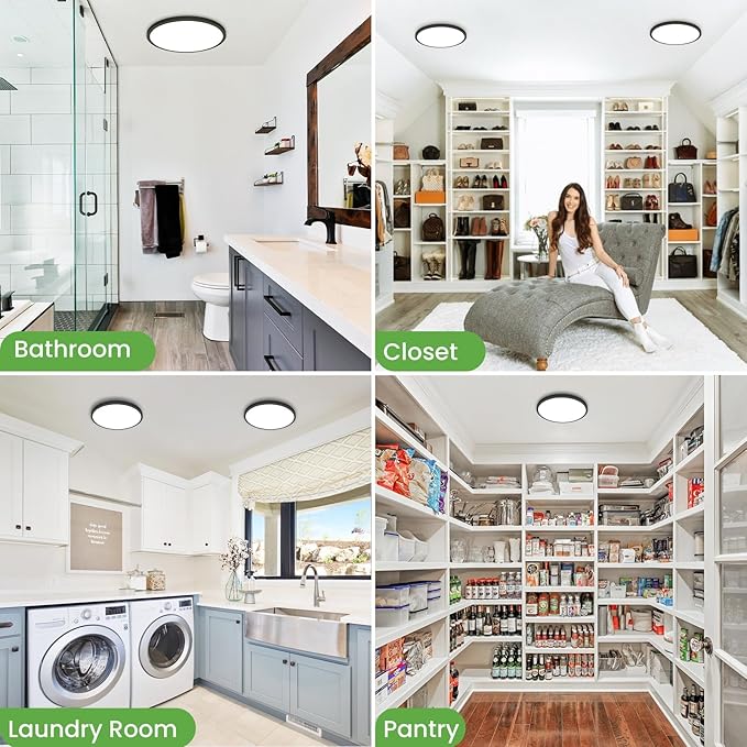 zemty Black Ceiling Light 9 Inch,24W 2400lm Bright LED Flush Mount Light Fixture 3000K/4500K/6000K Adjustable,Thin Flat Ceiling Lamp for Bathroom Closet Pantry Hallway - 2Pack