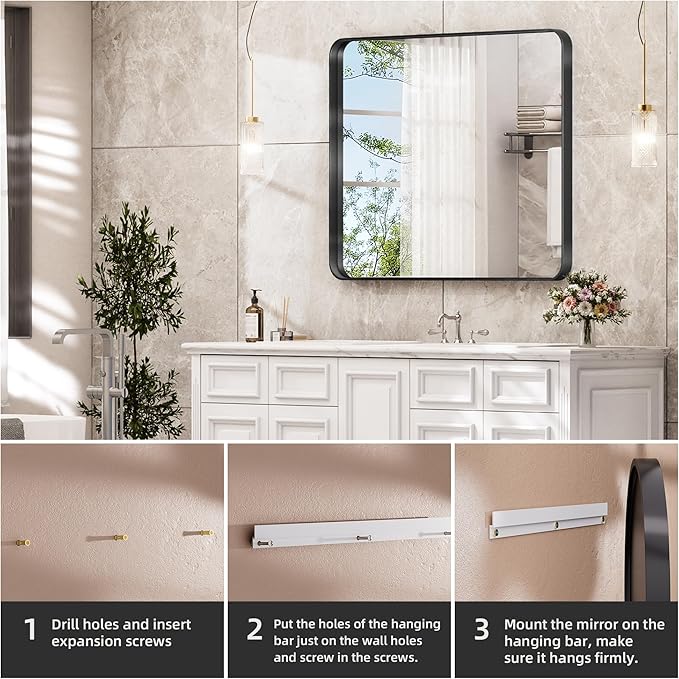 Hasipu Black Bathroom Over Sink Mirror 41x21 Inch Rounded Rectangle Vanity Mirror Metal Framed Wall Mirrors Anti-Rust Surface Mount (Hangs Horizontal or Vertical)